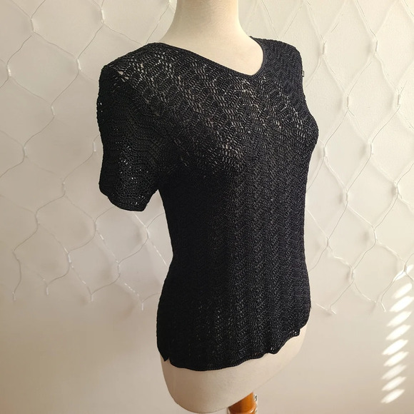 Vintage Conrad C Open Knit Tee Pullover / Black Knit / Tagged Medium - Picture 2 of 7